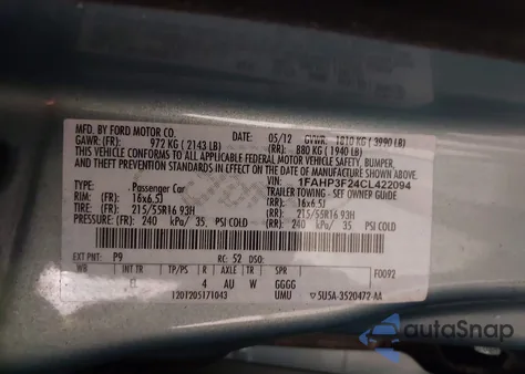 2012 Ford Focus Se z USA, uszkodzony, nr VIN 1FAHP3F24CL422094